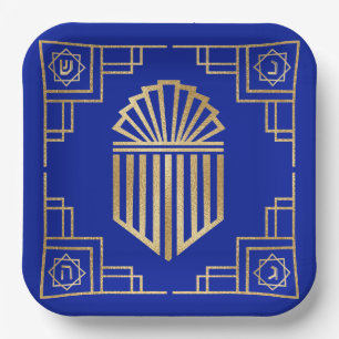 Chanukah/Hanukkah Art Deco Gold Blue Dreidels Paper Plate