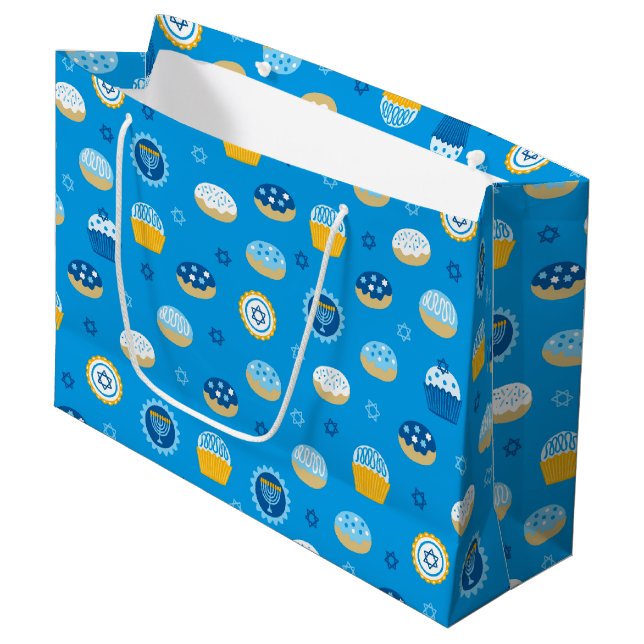 Chanukah Jewish Star Cupcakes Blue Large Gift Bag (Front Angled)