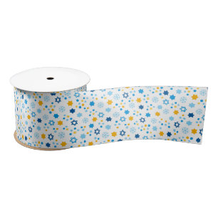 Chanukah Jewish Stars Snowflakes White Blue Gold Satin Ribbon
