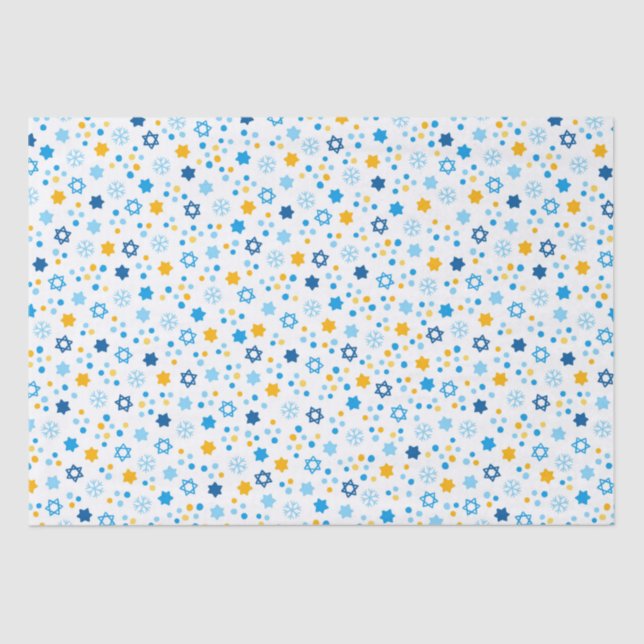 Chanukah Jewish Stars Snowflakes White Blue Gold Tissue Paper (Front)