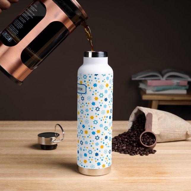 Chanukah Jewish Stars Snowflakes White Blue Gold Water Bottle (Coffee)