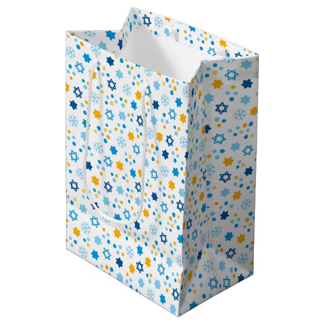 Chanukah Jewish Stars Snowflakes White Medium Gift Bag (Front Angled)