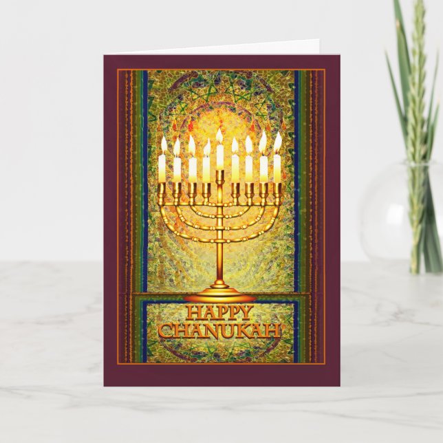 Chanukah Lights, Menorah in Stained Glass Window Holiday Card (Front)