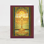 Chanukah Lights, Menorah in Stained Glass Window Holiday Card<br><div class="desc">The menorah is ablaze with the lights of Chanukah which shine brightly against a background of abstract shapes that give the illusion of stained glass. This lovely design for the Jewish holiday of Chanukah seems to glow with a light of its own in warm tones of amber, yellow and gold,...</div>