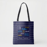 CHANUKAH Love Joy Peace BLUE Hebrew Tote Bag<br><div class="desc">Colourful festive TOTE BAG with faux silver Star of David in subtle background pattern. LOVE JOY PEACE including Hebrew translations are colour-coded.. Text is customisable in case you wish to change anything. HAPPY CHANUKAH is also customisable. Part of the HANUKKAH Collection</div>