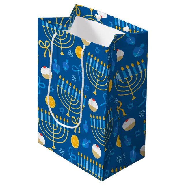 Chanukah Menorah Gelt Dreidel Blue Medium Gift Bag (Front Angled)
