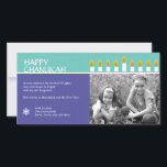 Chanukah Menorah Photo Card<br><div class="desc">Light the menorah and share your joy on Chanukah. A photocard that showcases your loved ones crowned by a fully-lit Chanukah menorah. All text is customisable and sits against panels of rich purple and teal with a subtle circle pattern, highlighted by a Star of David in the corner. Available in...</div>