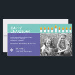 Chanukah Menorah Photo Card<br><div class="desc">Light the menorah and share your joy on Chanukah. A photocard that showcases your loved ones crowned by a fully-lit Chanukah menorah. All text is customisable and sits against panels of rich purple and teal with a subtle circle pattern, highlighted by a Star of David in the corner. Available in...</div>