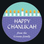 Chanukah Menorah Sticker<br><div class="desc">Light the menorah and share your joy on Chanukah. A holiday message crowned by a fully-lit Chanukah menorah prints against panels of purple and teal with a subtle circle pattern. Available in alternate colours with matching postage, photocards, cards and labels.</div>