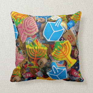 Chanukah Menorahs, Dreidels, Gelt Cushion