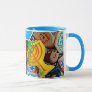 Chanukah Menorahs, Dreidels, Gelt Mug