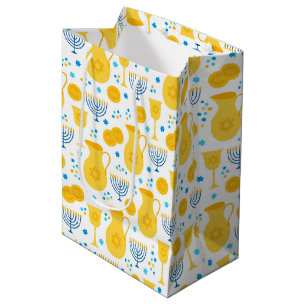 Chanukah Menorahs Gelt White Medium Gift Bag