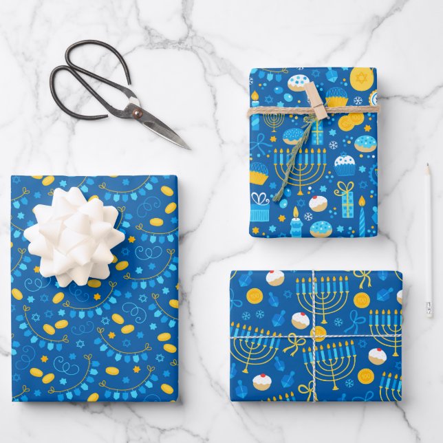 Chanukah Mixed Set of Dark Blue Patterns Wrapping Paper Sheet (Front)