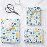 Chanukah Party Blue Gold White Menorah Gelt Cookie Wrapping Paper Sheet<br><div class="desc">Sometimes you just have a few items to wrap for Chanukah, and you don't want to buy a huge roll of Chanukah wrapping paper that will linger in your closet for years. This selection of three Chanukah wrapping paper sheets is perfect for wrapping a few gifts. Three separate sheets of...</div>