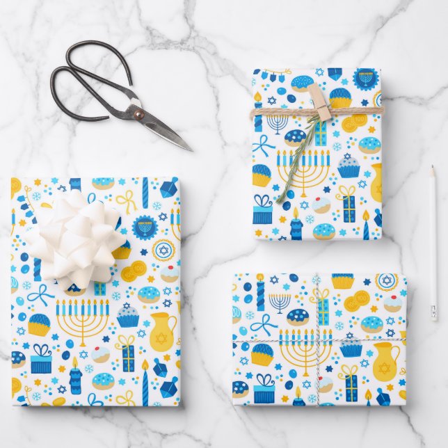 Chanukah Party Blue Gold White Menorah Gelt Cookie Wrapping Paper Sheet (Front)