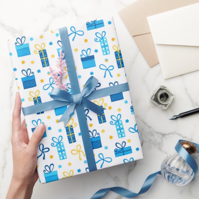 Chanukah Presents Gifts w/Bows Blue White Gold Wrapping Paper (Gifting)