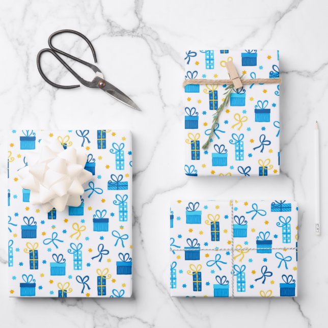 Chanukah Presents Gifts w/Bows Blue White Gold Wrapping Paper Sheet (Front)