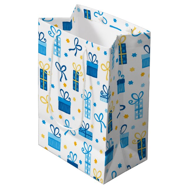 Chanukah Presents Gifts w/Bows White Medium Gift Bag (Front Angled)