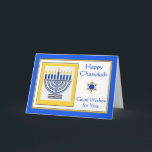 Chanukah Wishes with Contemporary Menorah Card<br><div class="desc">Happy Chanukah Good Wishes for You,  contemporary menorah with blue candles,  paper greeting card. Digital illustration with a lit menorah and a Star of David. Art,  image,  and verse copyright © Shoaff Ballanger Studios,  2024.</div>