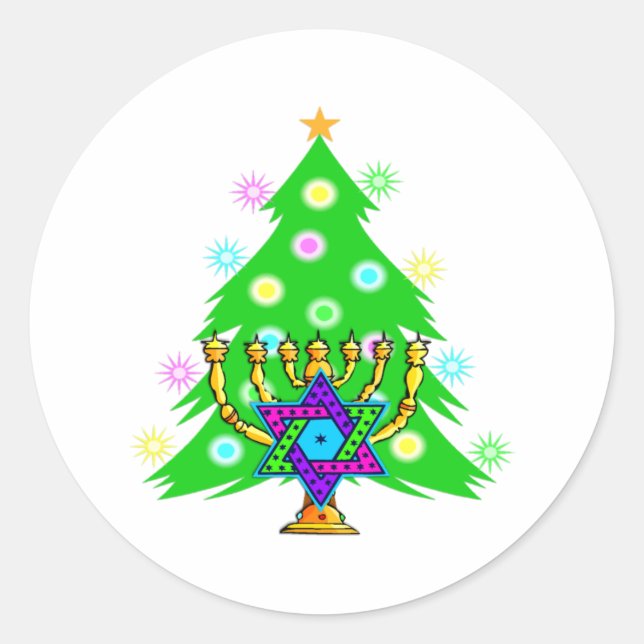 Chanukkah and Christmas Holiday Card Classic Round Sticker (Front)