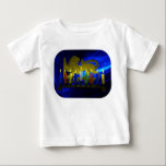 Chanukkah Brass Lion Menorah Baby T-Shirt<br><div class="desc">Features a digital 3D reproduction of a brass,  lion-themed menorah,  made in Israel circa 1950,  on a blue fractal background.  Shown with lit candles.</div>
