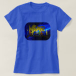 Chanukkah Brass Lion Menorah T-Shirt<br><div class="desc">Features a digital 3D reproduction of a brass,  lion-themed menorah,  made in Israel circa 1950,  on a blue fractal background.  Shown with lit candles.</div>