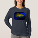 Chanukkah Brass Lion Menorah T-Shirt<br><div class="desc">Features a digital 3D reproduction of a brass,  lion-themed menorah,  made in Israel circa 1950,  on a blue fractal background.  Shown with lit candles.</div>