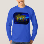 Chanukkah Brass Lion Menorah T-Shirt<br><div class="desc">Features a digital 3D reproduction of a brass,  lion-themed menorah,  made in Israel circa 1950,  on a blue fractal background.  Shown with lit candles.</div>