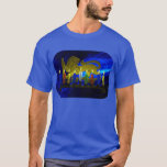 Chanukkah Brass Lion Menorah T-Shirt<br><div class="desc">Features a digital 3D reproduction of a brass,  lion-themed menorah,  made in Israel circa 1950,  on a blue fractal background.  Shown with lit candles.</div>