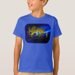 Chanukkah Brass Lion Menorah T-Shirt<br><div class="desc">Features a digital 3D reproduction of a brass,  lion-themed menorah,  made in Israel circa 1950,  on a blue fractal background.  Shown with lit candles.</div>