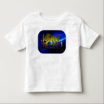 Chanukkah Brass Lion Menorah Toddler T-Shirt<br><div class="desc">Features a digital 3D reproduction of a brass,  lion-themed menorah,  made in Israel circa 1950,  on a blue fractal background.  Shown with lit candles.</div>