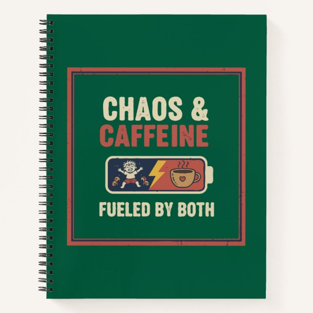 Chaos & Caffeine Funny Retro Parenting Mum Dad Quo Notebook (Front)