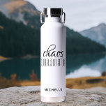 Chaos Coordinator Black Calligraphy Script Name Water Bottle<br><div class="desc">Chaos Coordinator black Calligraphy Script Name Insulated Water Bottle features a simple design of the text "chaos coordinator" in a fun black calligraphy script with your personalised name below. Perfect gift for birthday, Christmas, Mother's Day, teacher appreciation for that busy mum, teacher, sports team manager or work boss. Designed by...</div>