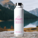Chaos Coordinator Pink Calligraphy Script Name Water Bottle<br><div class="desc">Chaos Coordinator Pink Calligraphy Script Name Insulated Water Bottle features a simple design of the text "chaos coordinator" in a fun pink calligraphy script with your personalised name below. Perfect gift for birthday, Christmas, Mother's Day, teacher appreciation for that busy mum, teacher, sports team manager or work boss. Designed by...</div>