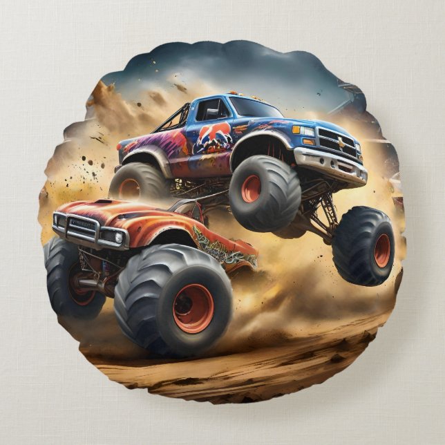 Chaos on Wheels: Monster Truck Smash Derby Round Cushion (Front)