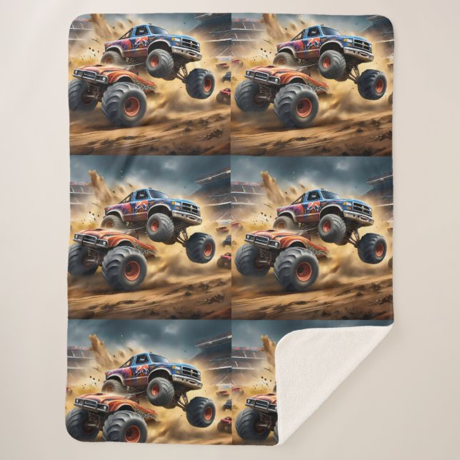 Chaos on Wheels: Monster Truck Smash Derby Sherpa Blanket (Front)