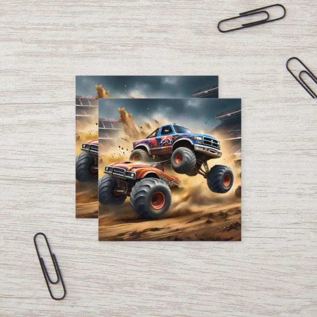 Chaos on Wheels: Monster Truck Smash Derby Square Business Card (Front/Back In Situ)