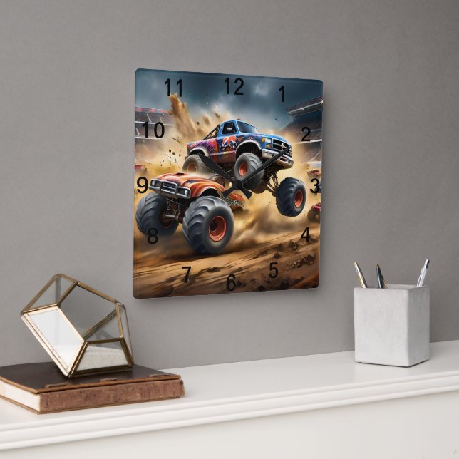 Chaos on Wheels: Monster Truck Smash Derby, Square Wall Clock (Office)