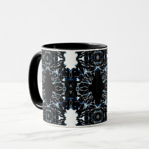 Chaotic Abstract Blue on Black and White Fluid Art Mug