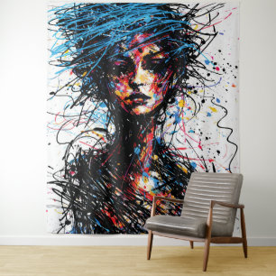 Chaotic Blue Hair Abstract Portrait Burst Tapestry