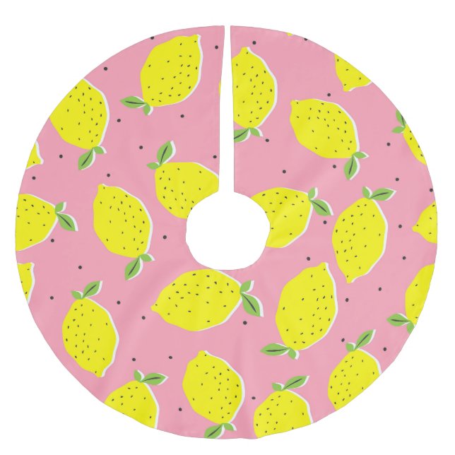 Chaotic Lemons Pink Polka: Citrus Pattern Brushed Polyester Tree Skirt (Front)