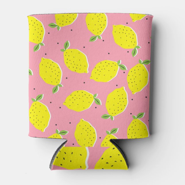 Chaotic Lemons Pink Polka: Citrus Pattern Can Cooler (Front)