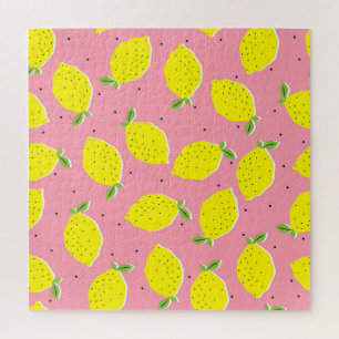Chaotic Lemons Pink Polka: Citrus Pattern Jigsaw Puzzle
