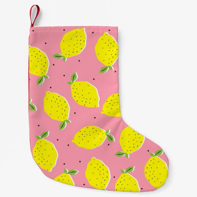 Chaotic Lemons Pink Polka: Citrus Pattern Small Christmas Stocking (Front)