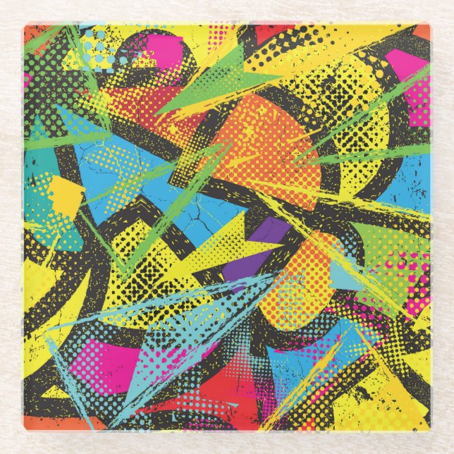Chaotic Neon: Abstract Graffiti Pattern. Glass Coaster (Front)