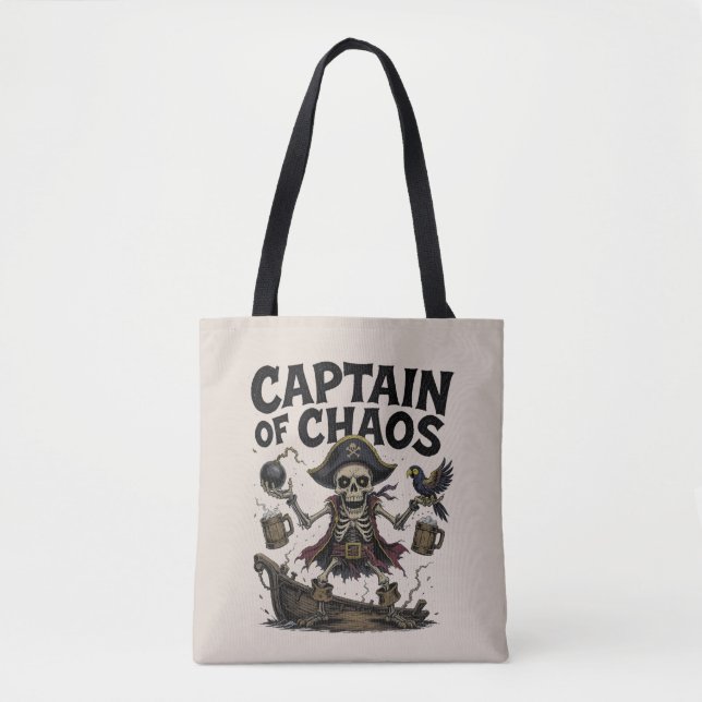 Chaotic Pirate Skeleton–Funny Cartoon Deck Design  Tote Bag (Front)