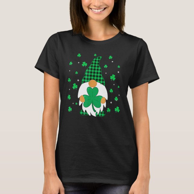 Chapeau Plaid Gnome Holding Clover Shamrock St Pat T-Shirt (Front)