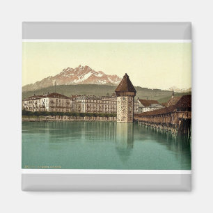 Chapel Bridge and view of Pilatus, Lucerne, Switze Magnet