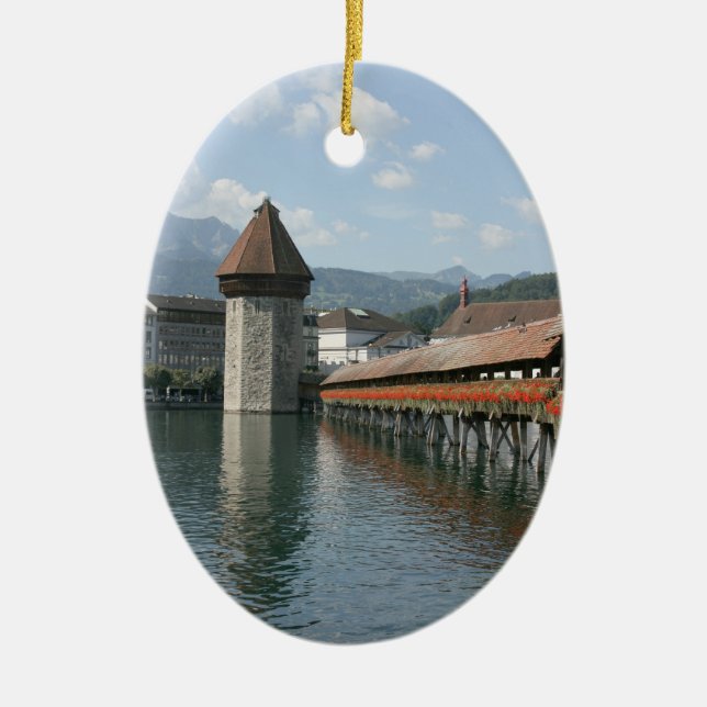 Chapel Bridge, Lucerne, Switzerland Ceramic Tree Decoration (Front)