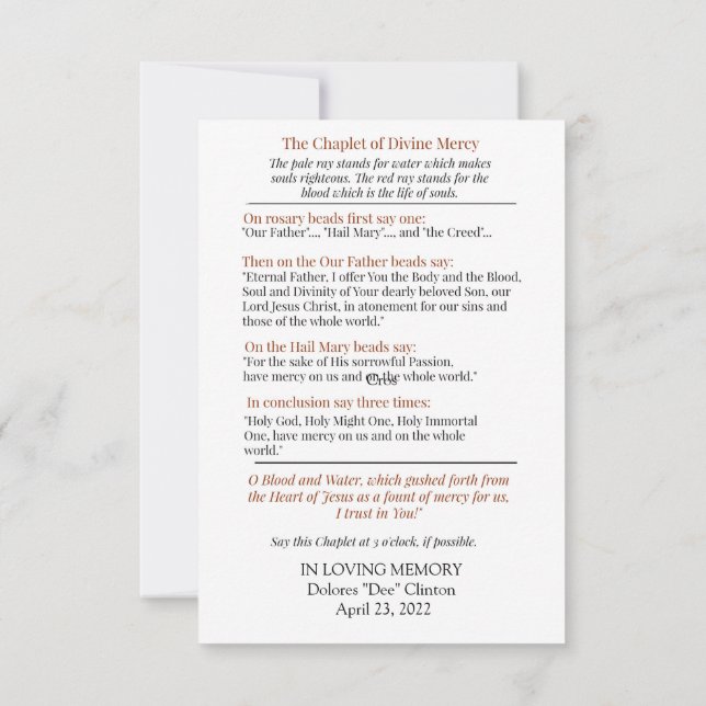 Chaplet Divine Mercy Prayer Card  (Back)